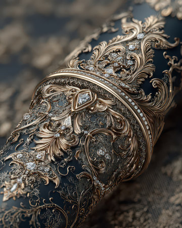 This close-up image showcases an intricate gold and black design featuring elegant floral patterns and sparkling gems, embodying luxury and artistic craftsmanship.の素材