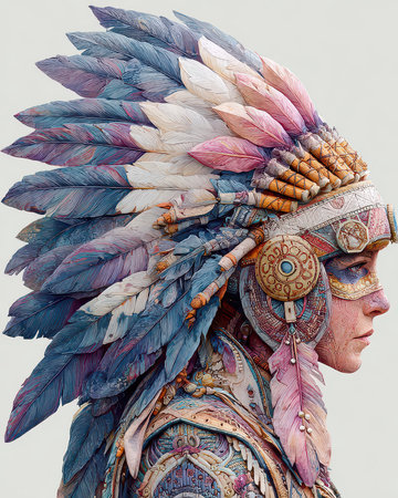 A captivating side view of a woman wearing a detailed feathered headdress showcasing vibrant colors and intricate craftsmanship, reflecting a blend of artistry and culture.の素材
