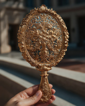 A beautiful vintage hand mirror featuring an intricate floral design, showcasing exquisite craftsmanship and a shiny gold finish, perfect for decorative displays.の素材