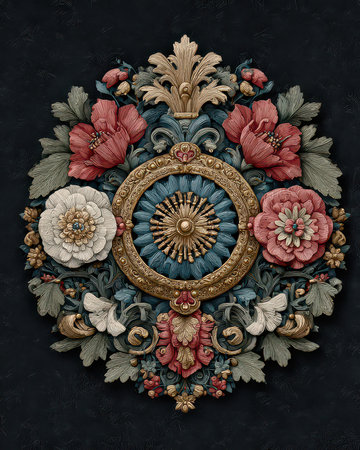 Discover an exquisite floral ornament showcasing vibrant colors and intricate details. Ideal for enhancing vintage decor or artistic projects.の素材