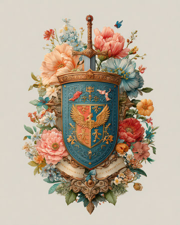 This stunning artwork features an ornate crest adorned with a sword and vibrant floral elements. It combines beauty and elegance, ideal for various artistic applications.の素材