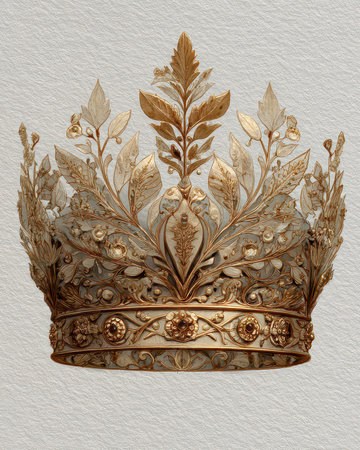 This stunning golden crown features intricate leaf and flower designs, showcasing exceptional craftsmanship and elegance, ideal for thematic decorations or royal events.の素材