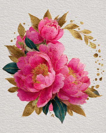 This stunning artwork features vibrant pink peonies adorned with elegant gold accents, perfect for adding a touch of nature's beauty to any space.の素材