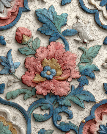 A stunning close-up of a colorful floral relief showcasing intricate patterns and vibrant colors. This artwork exemplifies traditional craftsmanship and elegance.の素材