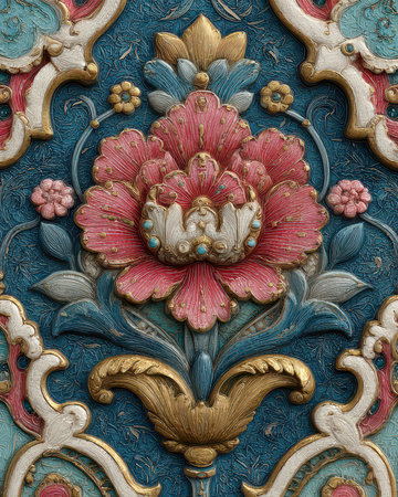 Stunning close-up view of an intricate floral relief art piece showcasing vibrant colors and detailed craftsmanship, perfect for decor inspiration.の素材