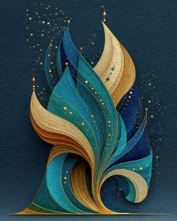 This vibrant abstract design features flowing shapes in blue and gold tones, creating a harmonious visual experience. Ideal for modern decor and artistic projects.の素材