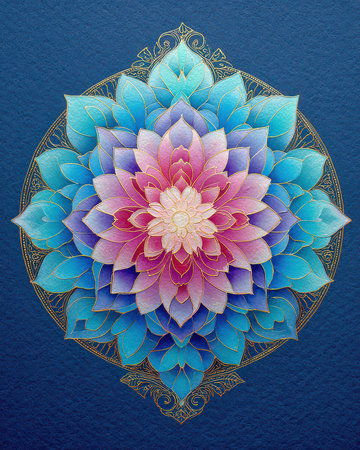 Colorful mandala flower design featuring intricate blue and pink petals. Ideal for wellness, meditation, and artistic projects that emphasize beauty and harmony.の素材