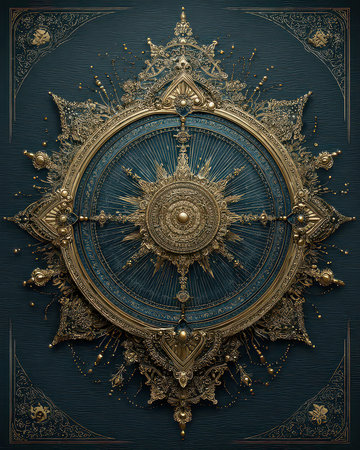Stunning artwork featuring an ornate golden sun emblem set against a deep blue background, showcasing detailed craftsmanship and vibrant textures.の素材