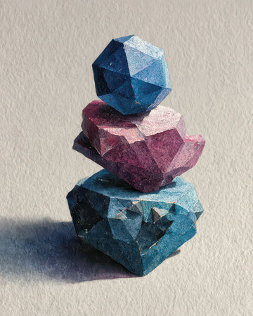 A captivating display of colorful geometric crystals in blue, pink, and purple stacked aesthetically on a soft gray background, showcasing texture and design.の素材
