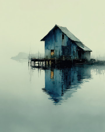 This calming image features a rustic blue cottage on stilts surrounded by tranquil waters and a heavy mist, creating a serene atmosphere that invites peace and reflection.の素材