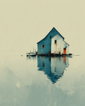 This serene image features an isolated house on still water, reflecting its calm beauty. Surrounded by tranquility and nature, it captures peaceful solitude.の素材