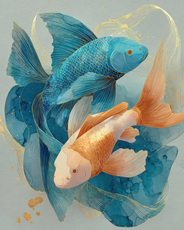 This vibrant artwork features a stunning depiction of blue and orange koi fish, elegantly swirling in an aquatic background. Perfect for decoration!の素材