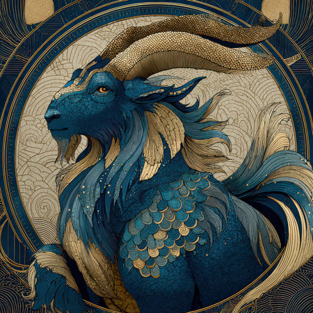 This stunning illustration features a majestic goat creature adorned with blue and intricate patterns. Its expressive features and detailed textures evoke a sense of fantasy and elegance.の素材