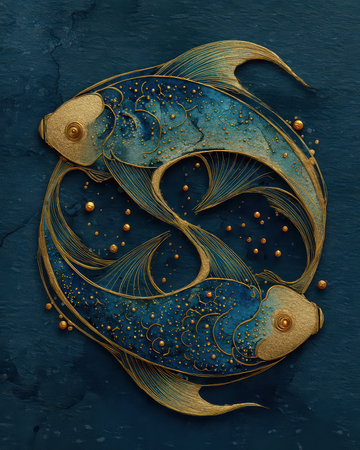 This stunning illustration features two koi fish immersed in a rich blue background, accented with gold details. The design symbolizes balance and harmony, ideal for decor.の素材