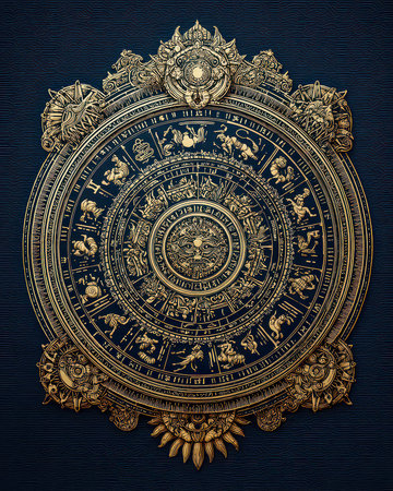 This intricate mandala features zodiac symbols and astrological details in a stunning gold and blue design, perfect for lovers of celestial art and decoration.の素材