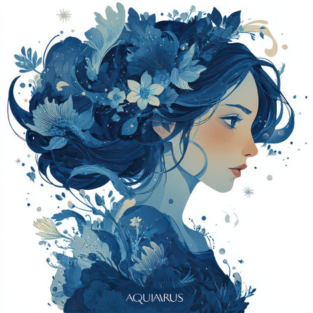 This stunning illustration features a woman in profile, adorned with intricate floral designs in rich blue tones, exuding elegance and beauty in a serene composition.の素材