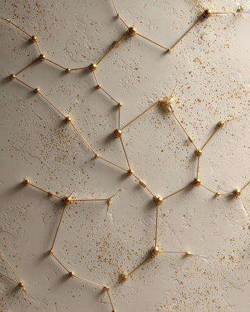 Stunning abstract design featuring gold balls connected by thread on a smooth light background, ideal for modern art or interior decoration projects.の素材