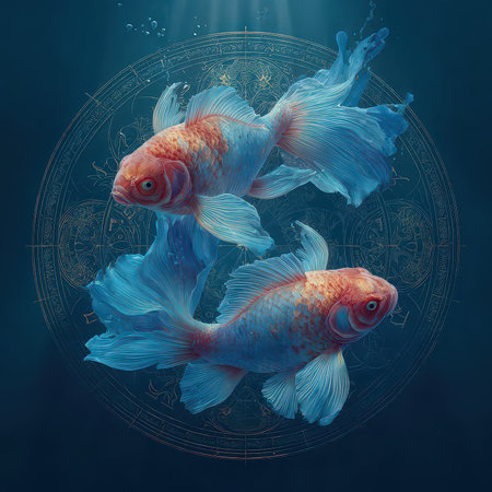 Two vibrant goldfish swim gracefully against a deep blue backdrop, showcasing their colorful fins and scales in an ethereal underwater scene.の素材
