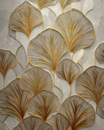 This image features a sophisticated gold leaf pattern elegantly arranged on a neutral textured background, perfect for adding a touch of luxury to any interior design project.の素材