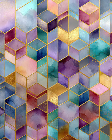 A captivating geometric watercolor pattern featuring hexagons and gold accents, ideal for various design projects, including backgrounds and decor.の素材