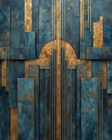 Discover a stunning abstract design featuring rich blue and gold metallic tones. This composition blends geometric shapes and textures, ideal for modern decor.の素材