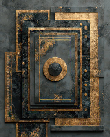 Stunning abstract composition featuring layered wall panels in dark and gold textures, ideal for adding a touch of elegance and modern sophistication to any space.の素材