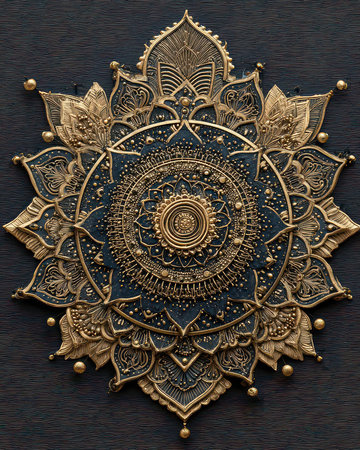 Explore the beauty of this intricate golden mandala design, crafted with precision. Its elegant details and rich textures create a stunning visual centerpiece suitable for various decor styles.の素材