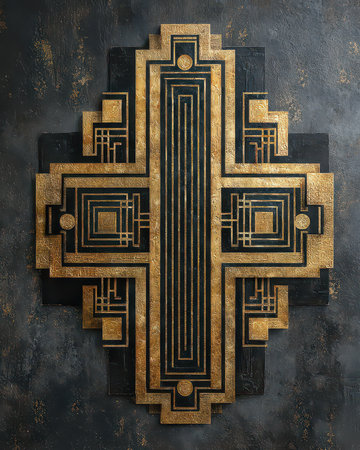 This captivating Art Deco wall decoration features a striking geometric design in gold and black. Its intricate patterns enhance modern and vintage interior spaces.の素材