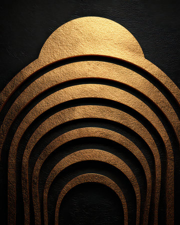 A captivating image featuring elegant gold arches layered against a dark background. This artwork highlights simplicity and sophisticated design, inspiring creativity.の素材