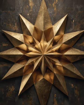 Stunning golden star shape with sharp points, set against a dark textured background. This artistic design embodies modern elegance and creativity.の素材