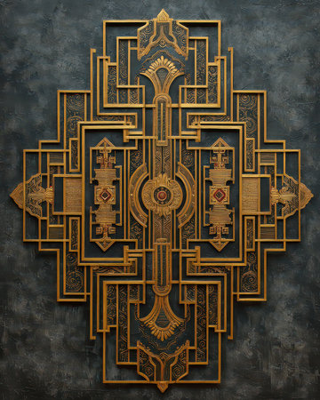 Discover a stunning geometric wall art piece featuring intricate gold designs against a dark background, perfect for adding elegance to any space.の素材