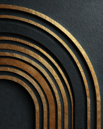 Elegant abstract composition featuring gold arches against a dark textured background. Ideal for modern decor, art, and stylish interior design projects.の素材