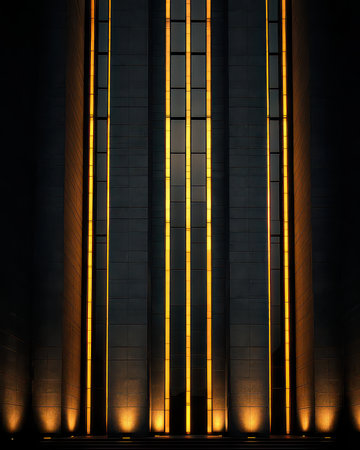 This image showcases an abstract architectural detail featuring warm illuminated lines against a dark background, creating a striking visual contrast.の素材