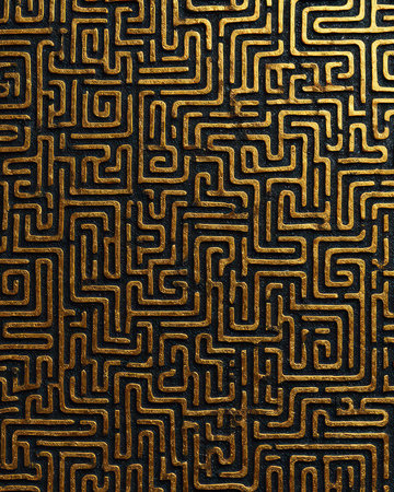 This image features an intricate golden maze pattern set against a dark background, showcasing bold lines and a unique design. Perfect for art and decor projects.の素材