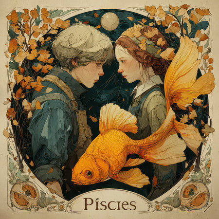 Stunning illustration featuring two children facing one another with a goldfish, embodying the essence of the Pisces zodiac sign, evoking themes of connection and dreams.の素材