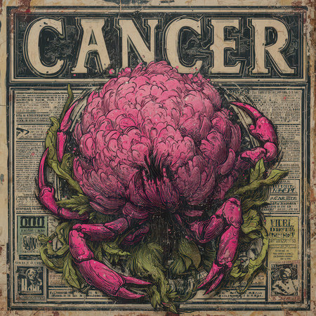 This vintage illustration features the Cancer zodiac sign, showcasing a vibrant pink crab intertwined with floral elements. Perfect for astrology enthusiasts.の素材