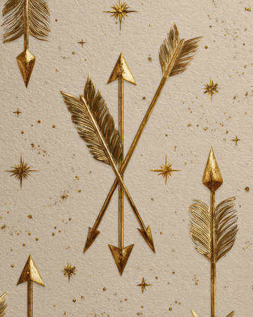 Ornate golden arrows stand out against a textured beige background, creating an elegant design ideal for various decor projects, including wallpapers and crafts.の素材
