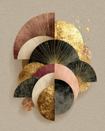 This abstract artwork features a stunning geometric design with gold, pink, and black colors, perfect for modern interiors or artistic projects.の素材