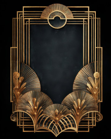This elegant art deco frame features golden floral motifs, ideal for adding a vintage touch to any space. Perfect for highlighting art or photographs.の素材