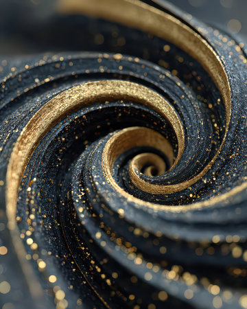 A captivating abstract image featuring a swirling black and gold pattern with glittering accents. This design evokes elegance and fluidity, perfect for modern backgrounds.の素材