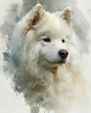 A stunning portrait of a white Samoyed dog featuring soft fur and a gentle expression. This masterpiece captures the beauty and loyalty of this beloved breed.の素材