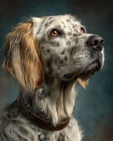 This beautiful portrait captures the essence of a loyal dog, showcasing its unique spotted fur and expressive brown eyes against a soft background.の素材