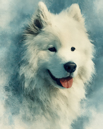 This enchanting portrait showcases a majestic white dog with a fluffy coat, radiating charm and warmth. The soft blue background enhances the serene and friendly expression, making it perfect for animal lovers.の素材