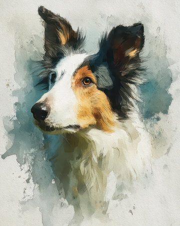 This stunning art piece features a collie dog in a watercolor style. The vibrant colors and expressive details capture the loyal nature of this beloved breed. Perfect for pet lovers!の素材