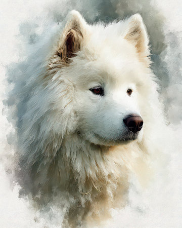 This artistic portrait showcases a stunning white Samoyed dog against a soft watercolor background, highlighting its fluffy fur and gentle expression.の素材