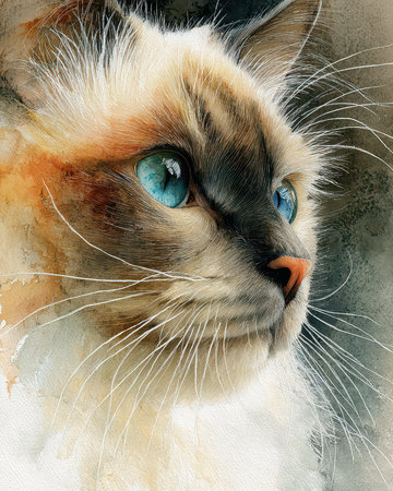 Captivating watercolor portrait of a cat with stunning blue eyes, showcasing intricate fur details and an expressive gaze. Perfect for animal lovers.の素材