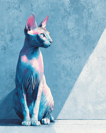 An artistic portrayal of a cat, sitting gracefully in a soft blue hue, illuminated by natural light, creating a serene and unique atmosphere for animal lovers.の素材