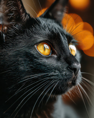 This captivating close-up showcases a black cat with striking golden eyes, highlighting its whiskers and unique features against a blurred background.の素材
