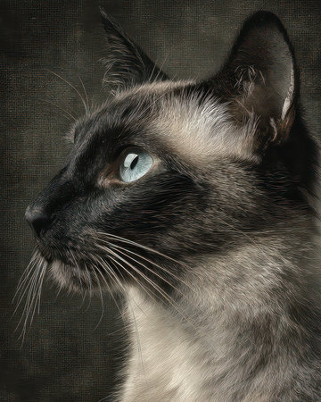 Captivating portrait of a Siamese cat with striking blue eyes, showcasing intricate fur patterns and a serene expression against a textured backdrop. Ideal for animal lovers.の素材