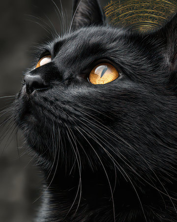 This stunning portrait features a black cat with enchanting amber eyes, showcasing its elegant features and mesmerizing gaze against a dark background.の素材